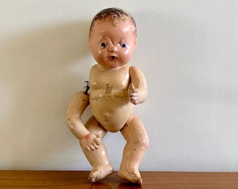 Antieke, betrouwbare Wetums-pop: babypop van composietmateriaal uit de jaren 1940 (28 cm)