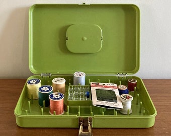 Vintage Wil Hold Avocado Green Sewing Box with Notions