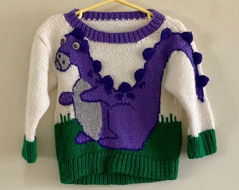 80s Kids Dinosaur Sweater with Googly Eyes | Vintage 80s Handknit Pullover Sweater | Retro 80s Kids Clothes