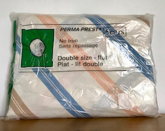 Sábana plana doble a rayas estilo vintage: Sears Perma-Prest de los años 70, nueva de antiguo stock.