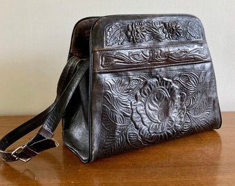 Vintage Tooled Floral Leather Handbag: 1950s Dark Brown Purse, Made in Mexico