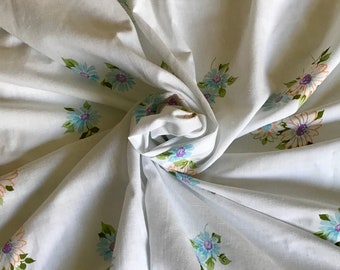 Sábana plana vintage con estampado floral Pequot: ropa de cama de muselina color aguamarina y morado de los años 50