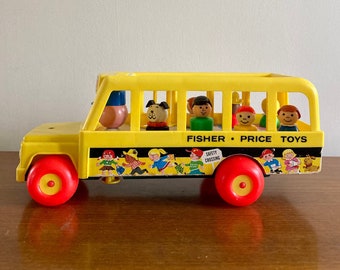 Vintage 80s Fisher Price School Bus Toy: Wood Driver, 3 Figures