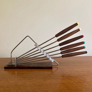 Vintage Rosewood Fondue Forks with Stand: MCM Stainless Steel, Made in Japan