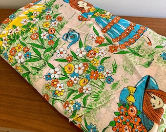 Vintage 60s Novelty Print Cotton Fabric: Retro Flower Garden Girls