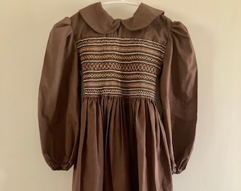 80s Classic Smocked Yoke Dress | Vintage 80s Girls Dress | Hand Smocked Peasant Dress | Vintage 80s Brown Smocked Dress