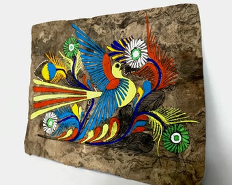 ヴィンテージのメキシコアマテ樹皮画：カラフルな鳥の民芸品 - Etsy 日本