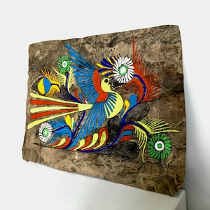 Vintage Mexican Amate Bark Painting: Colorful Bird Folk Art