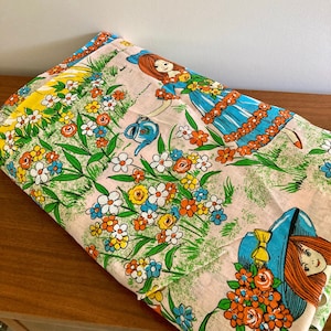 Vintage 60s Novelty Print Cotton Fabric | Retro 60s Flower Garden Fabric | Illustrated Girls in Garden Scene Fabric  | Retro Floral Fabric