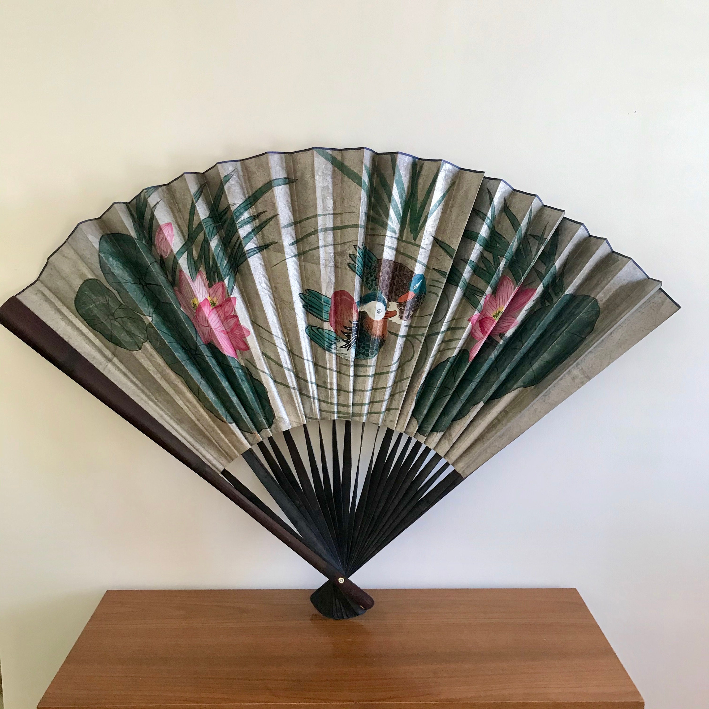 Large Chinese Wall Fan Vintage Hand Painted Decorative Fan Etsy