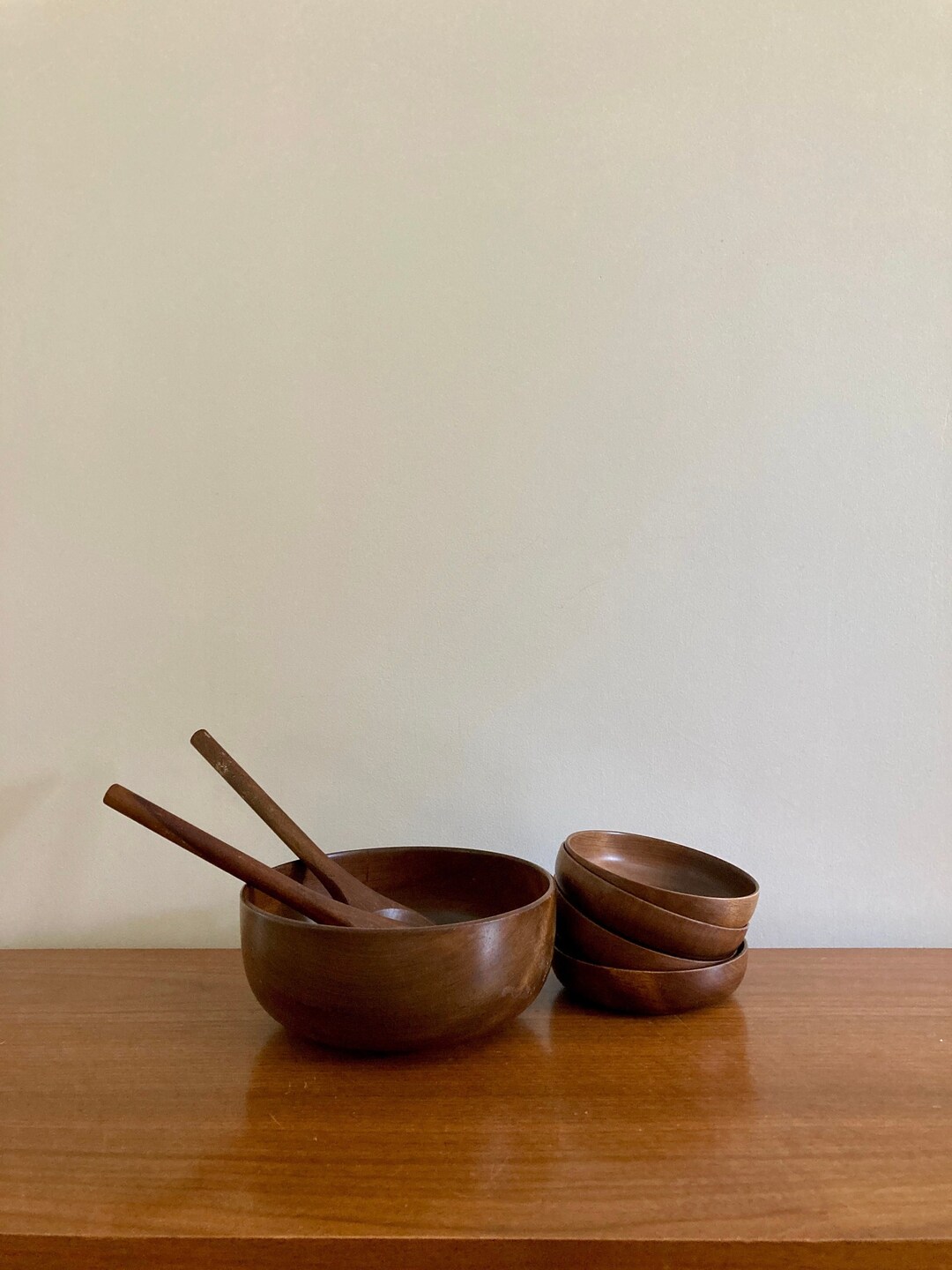 Hand Turned Wood Salad Bowl Set Vintage Woodbury's Woodware Retro Wood