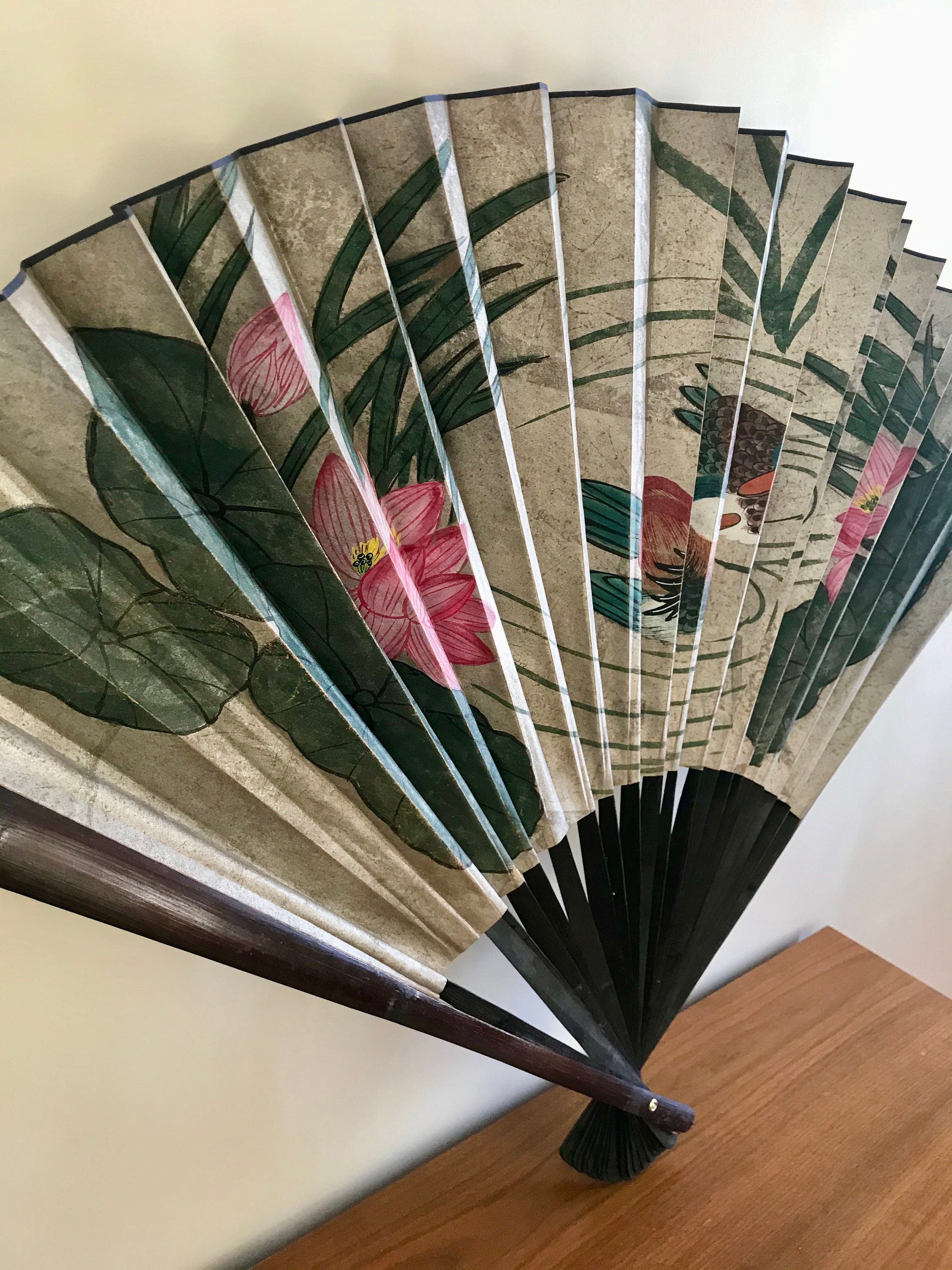 Large Chinese Wall Fan Vintage Hand Painted Decorative Fan Etsy