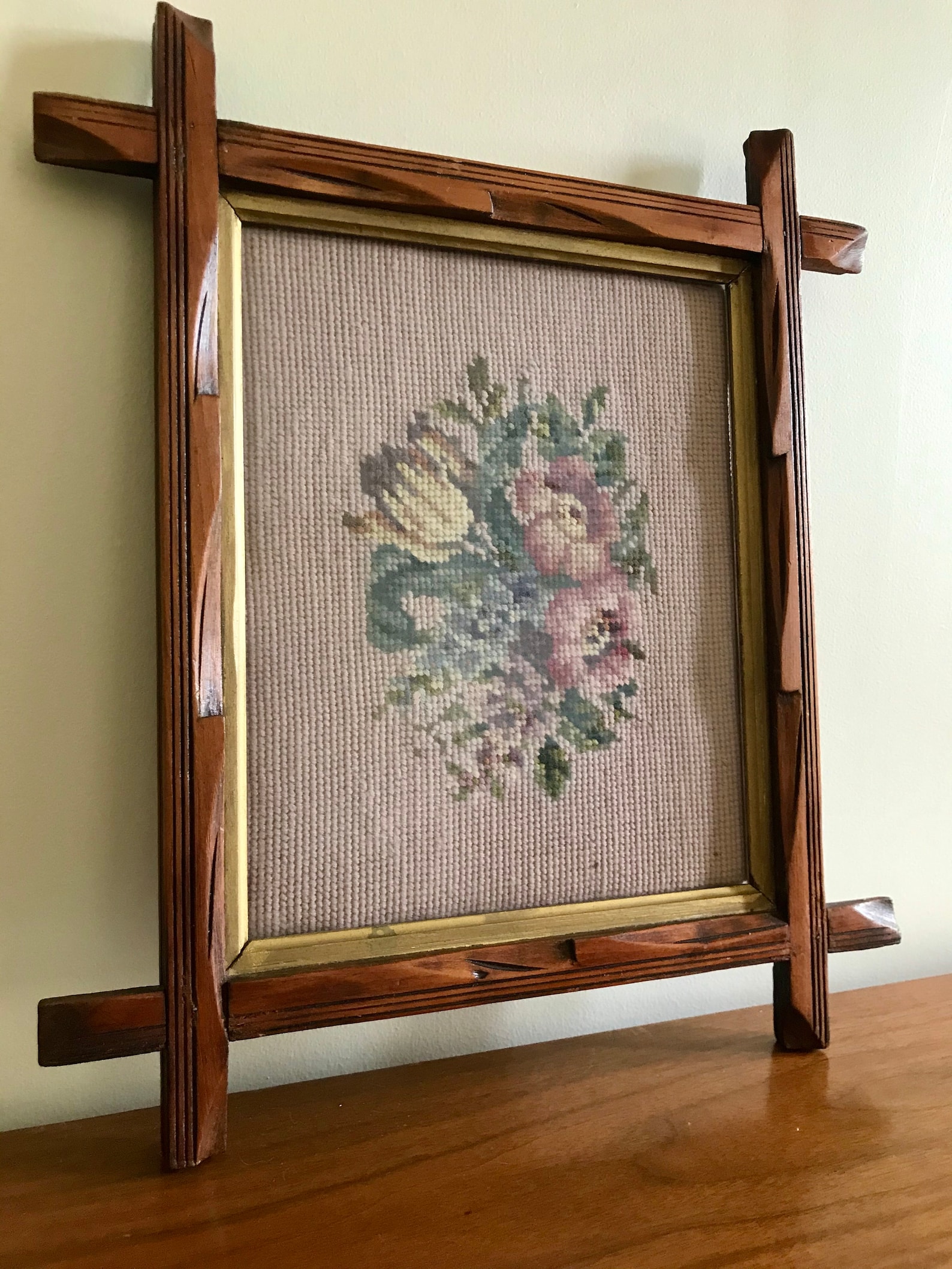 Vintage Needlepoint Floral Wall Art Floral Wall Decor Etsy