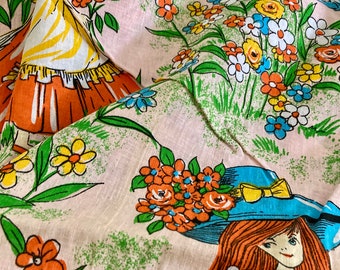 Vintage 60s Novelty Print Cotton Fabric: Retro Flower Garden Girls