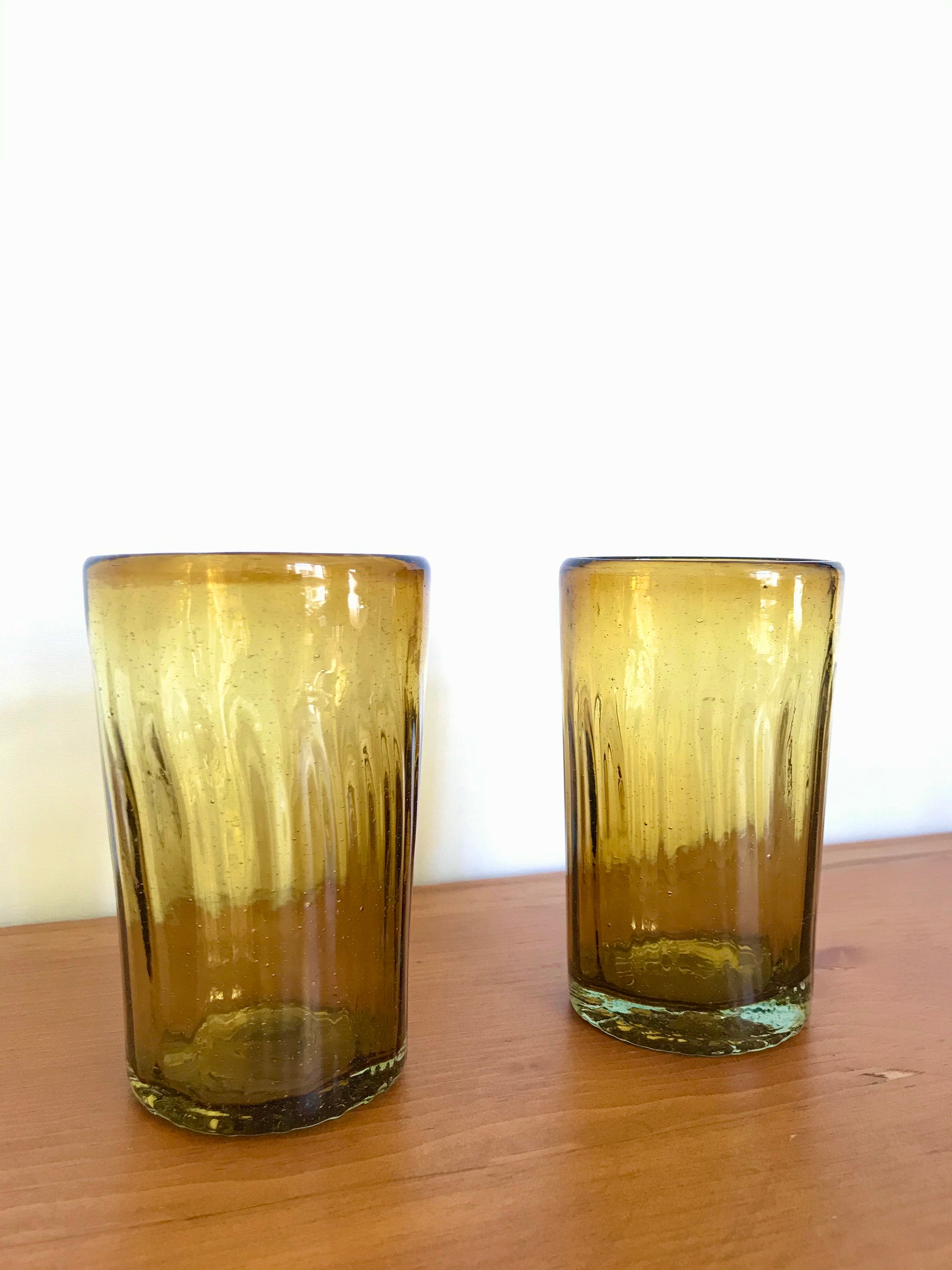 Blown Glass Tumblers, Short. Two Tone Aqua and Amber Glassware