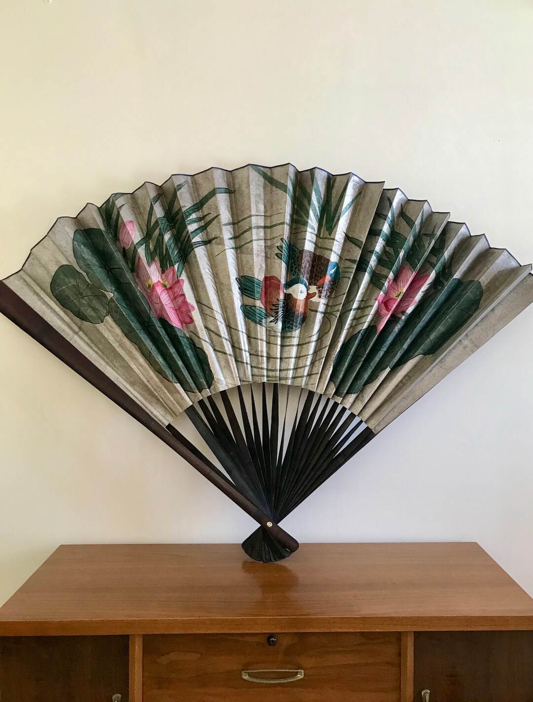 Large Chinese Wall Fan Vintage Hand Painted Decorative Fan Etsy