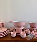 CHOICE Vintage Nomar France Pink Enamel Cast Iron Fondue Set