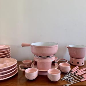 Vintage Nomar France Pink Enamel Cast Iron Fondue Set - 32 Piece
