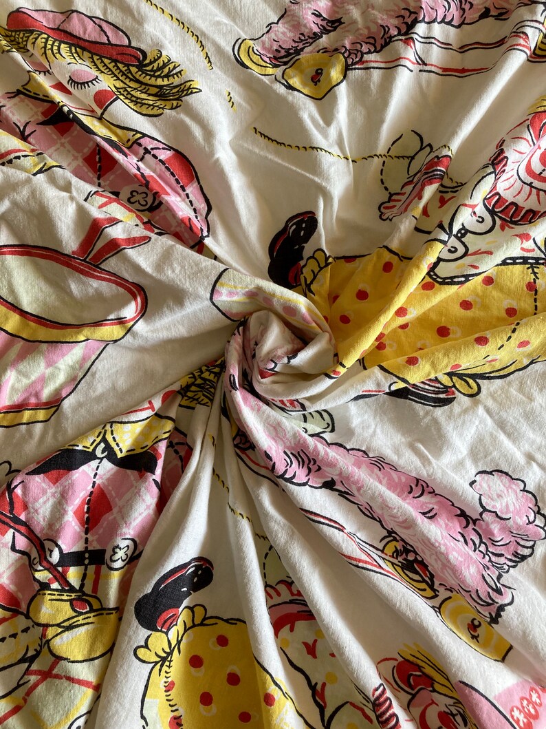 May include: White fabric with a repeating pattern of clowns in various poses. The clowns are wearing colorful clothing with polka dots and plaid patterns. The fabric is wrinkled and has a vintage feel.