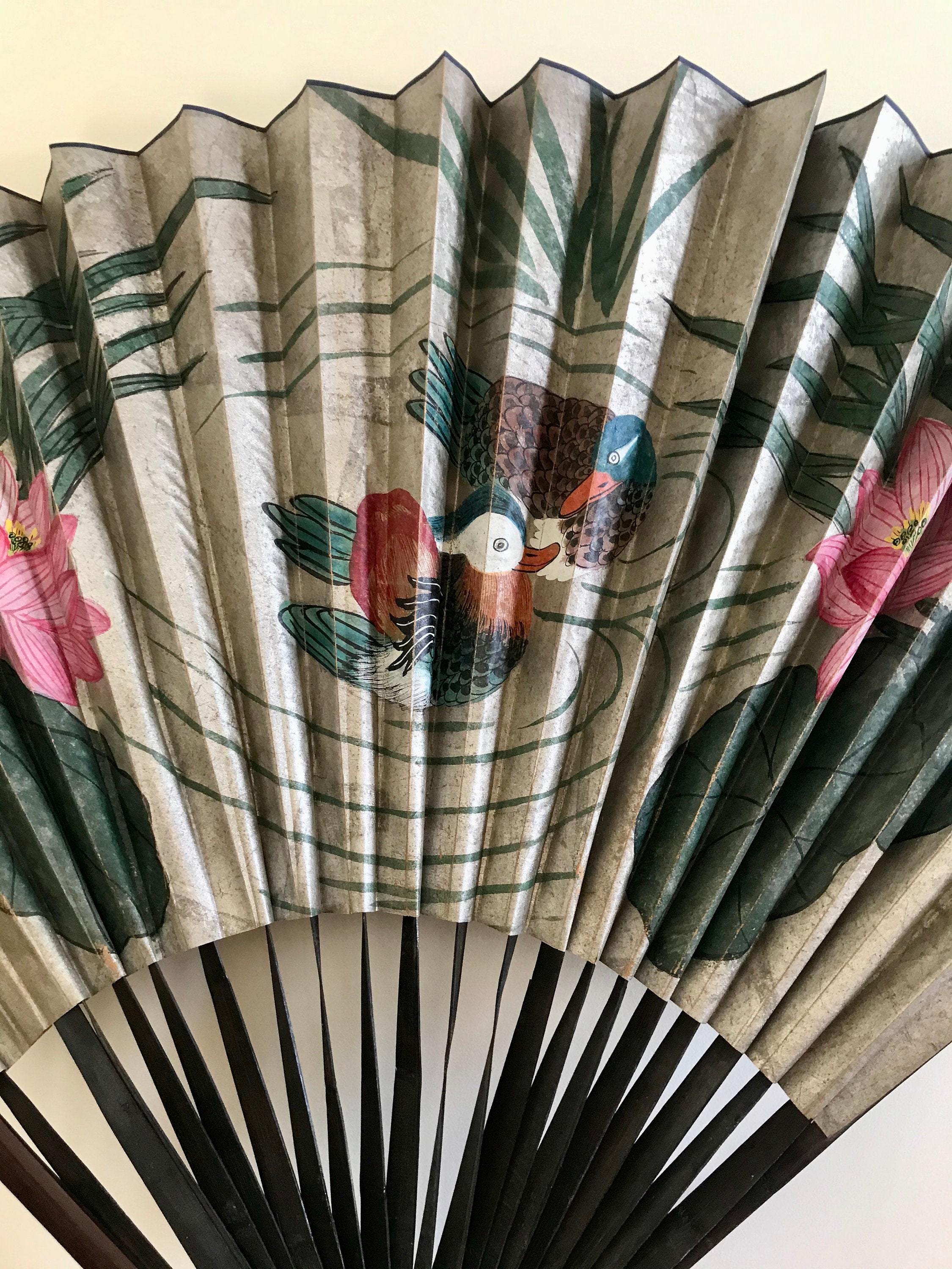 Large Chinese Wall Fan Vintage Hand Painted Decorative Fan Etsy