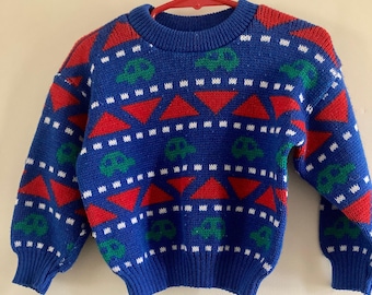 Pull vintage années 80 pour enfant, motif voiture : Pull rétro