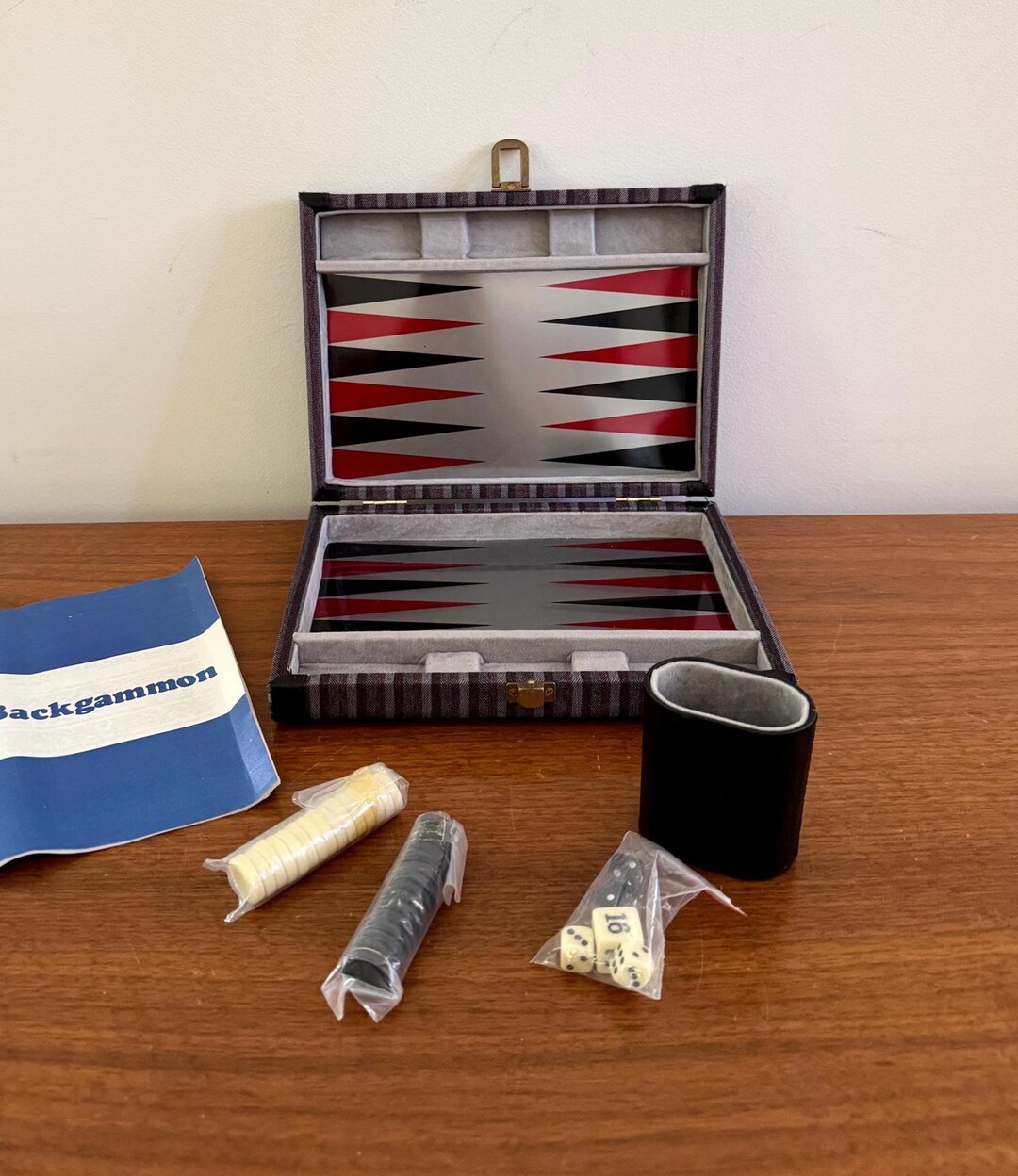 Retro 70s Backgammon Travel Set: Striped Fabric Case, Complete Chip Set ...