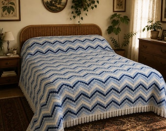 Vintage 70s Striped Queen Bedspread: Blue Chevron Boho Coverlet