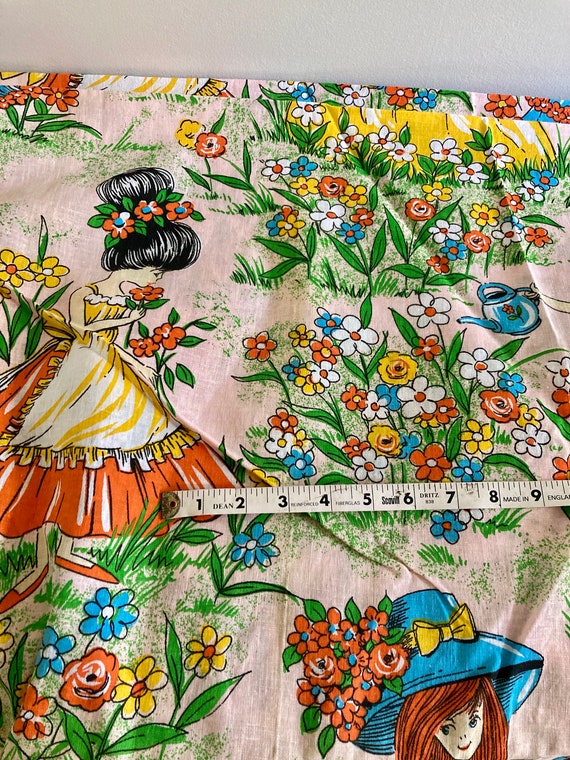 Vintage 60s Novelty Print Cotton Fabric: Retro Flower Garden Girls