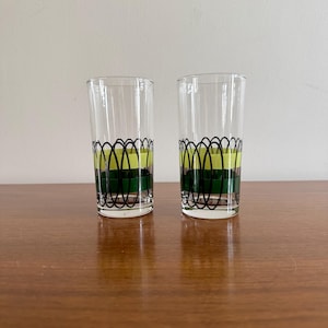 Vintage MCM Libbey Glasses | Retro 60s70s Green and Black Stripe Glass Tumblers | Vintage Highball Tumblers | Retro Drinking Glasses