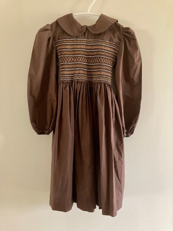 Vintage 80s Hand-smocked Yoke Dress: Brown Peasant Girl's Dress - Etsy