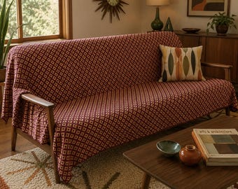 Vintage Woven Sofa Throw Blanket: Retro Burgundy Gold Decor (70x60)