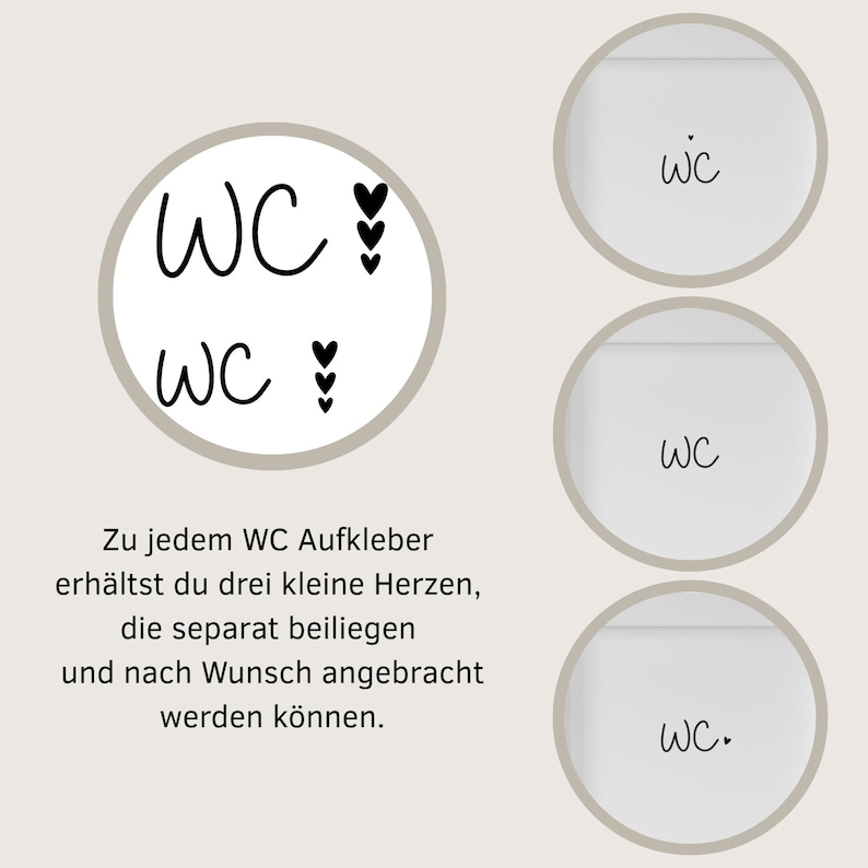 Op de afbeelding: Een set ronde stickers met de tekst WC in een zwart handgeschreven lettertype. Het ontwerp bevat losse kleine zwarte hartjesstickers die individueel kunnen worden aangebracht. De afbeelding toont verschillende variaties van de WC-tekst met verschillende hartjesplaatsingen.