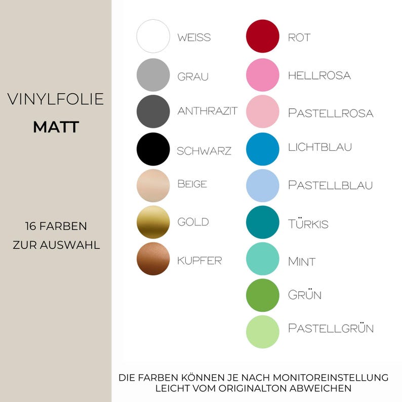 Op de afbeelding: Een kleurenkaart voor mat vinylfolie met 16 cirkelvormige kleurstalen in twee kolommen. De tekst bevat VINYLFOLIE MATT, 16 FARBEN ZUR AUSWAHL, en een disclaimer over mogelijke kleurafwijkingen afhankelijk van de monitorinstellingen.