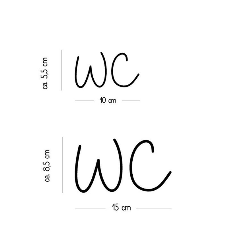 Op de afbeelding: Twee zwarte WC-bordjes in een cursief lettertype. Het kleinere bordje is ongeveer 5,5 cm hoog en 10 cm breed. Het grotere bordje is ongeveer 8,5 cm hoog en 15 cm breed. De bordjes worden weergegeven op een witte achtergrond.
