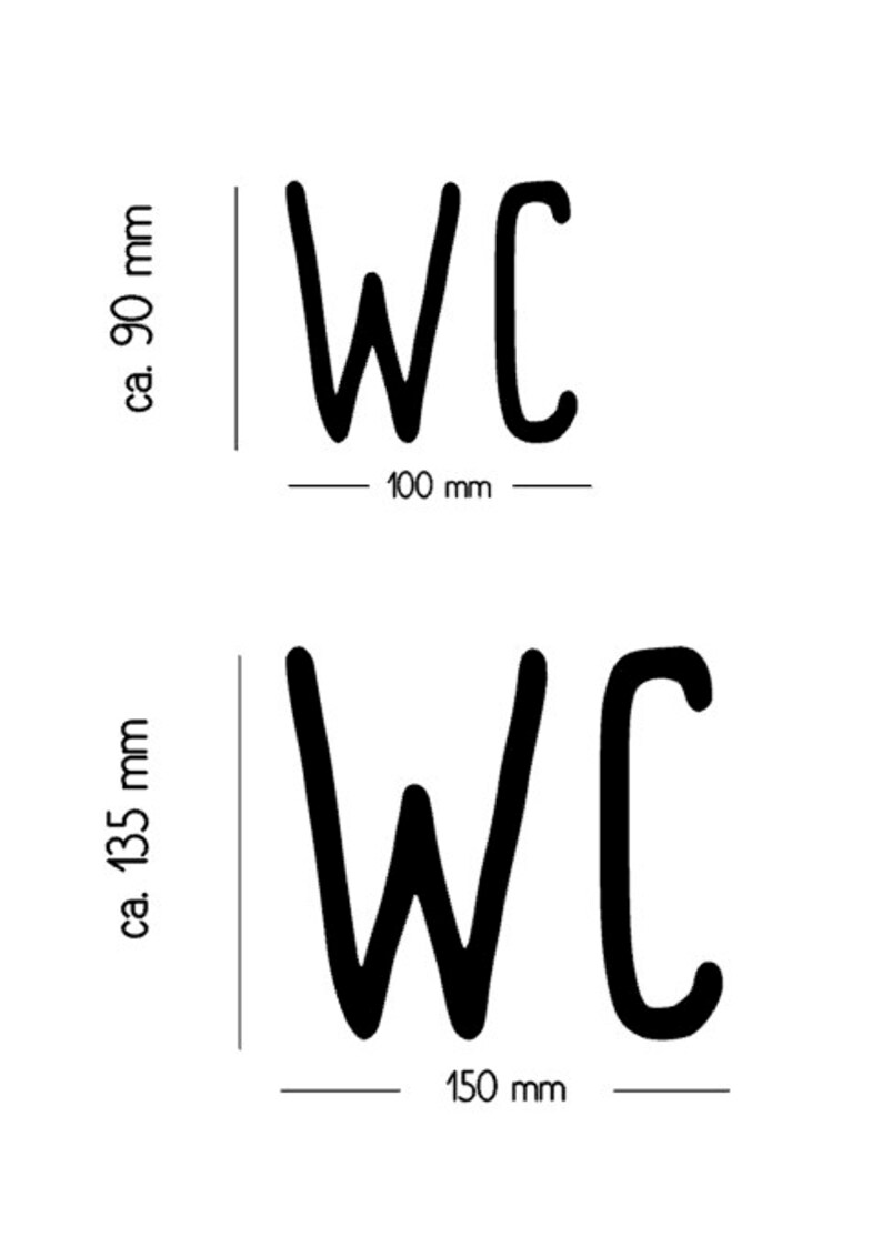 Peut inclure: Deux enseignes WC noires dans une police manuscrite. L'enseigne du haut mesure environ 90 mm de hauteur et 100 mm de largeur. L'enseigne du bas mesure environ 135 mm de hauteur et 150 mm de largeur. Le texte est affich&eacute; sur un fond blanc uni.