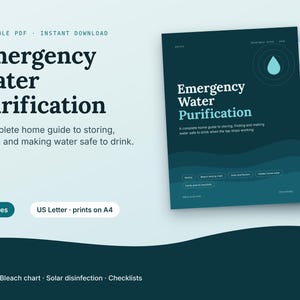 Guida alla purificazione dell'acqua in caso di emergenza, PDF stampabile per la preparazione alle emergenze, lista di controllo per la conservazione dell'acqua, preparazione alle catastrofi, pianificatore del kit di sopravvivenza