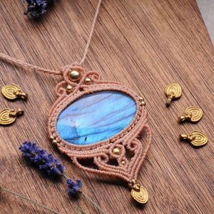 Macrame Labradorite Pendant, Bohemian Wrapped Stone Women Necklace, Hippie Gift for Her, Festival Accessories, Boho Crystal Jewellery