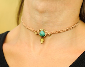 Bohemian Macrame Choker with Gemstone, Festival Headband, Woven Crystal Necklace, Yoga Gift