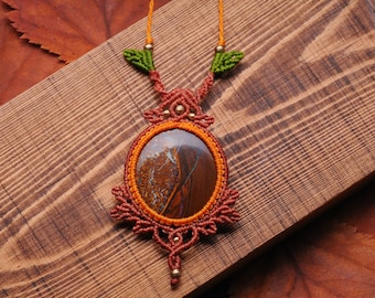 Boulder Opal Macrame Necklace, Leaf Design Knotted Autumn Pendant, Forest Jewellery, Bohemian Womens Jewelry, Hippie Gift, Pixie Necklace