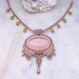 Bohemian Macrame Necklace with Rose Quartz, Knotted Statement Necklace with Gemstone, Mindful Gift for Women, Hippy Jewellery