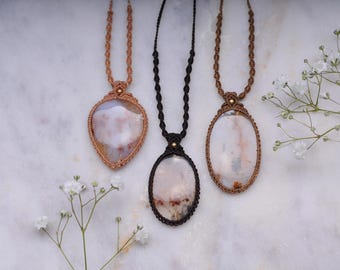 Dendritic Agate Macrame Necklace, Wrapped Crystal Pendant, Bohemian Gemstone Necklace, Hippie Gift