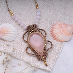 Rose Quartz Macrame Necklace, Pink Gemstone Bohemian Pendant