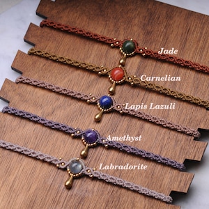 Bohemian Macrame Choker with Gemstone Bead, Tiara Headband with Crystal, Knotted Textile Hippie Accessories, Spiritual Gift