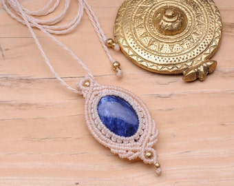 Sodalite Macrame Pendant Necklace: Bohemian Crystal, Brass Details