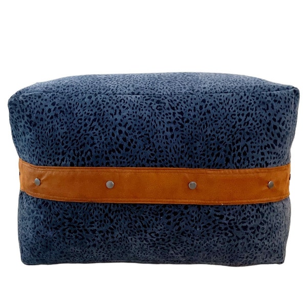 Handmade Velvet Ottoman with Gunmetal Nail Head Studs and Faux Leather | THE ROXY