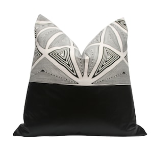 Boho Pillow Cover  Graphic Pillow Cover  African Wax Print Pillows  Ankara African Print  Black and White Geometric Faux Leather  BRINN