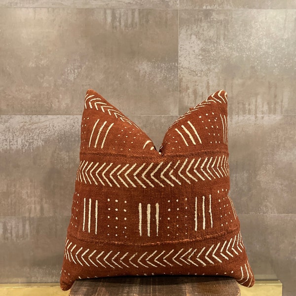 Brown and Ivory Authentic Mudcloth Pillow Cover  | Handmade Organic Cotton Pillow | Lumbar and Square Teracotta Throw Pillow | KHARI