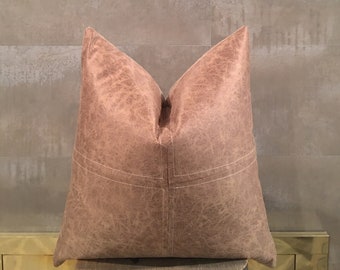 Vegan Leather Pillow Cover for Boho Home  Decorative Cushion with Cross Stitching Tan Accent Toss Pillow Neutral Decorative Pillowcase