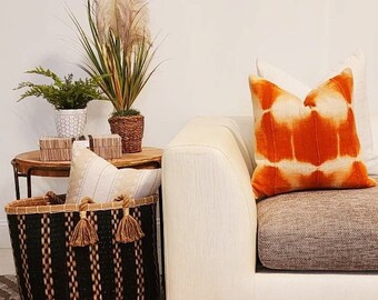 Orange Mud Cloth Pillow Cover  Ethnic Home Decor  Organic Cotton Pillows  Handmade Toss Pillow  Boho Cushion Cover  ABENI
