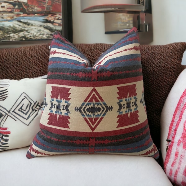 Southwest Pillow Cover I Aztec Decor  Handmade Cotton Pillowcase  Blue and Red Cushion  Lumbar and Square Cushion  TAOS